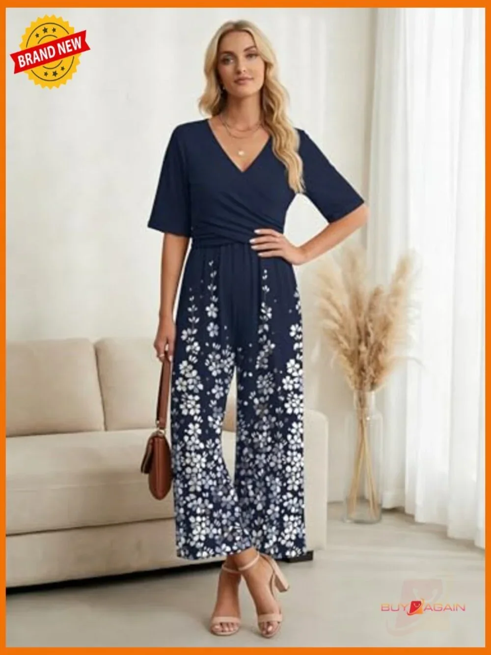 Wrap V Neck Short Sleeve Wide Leg Jumpsuit with Pockets